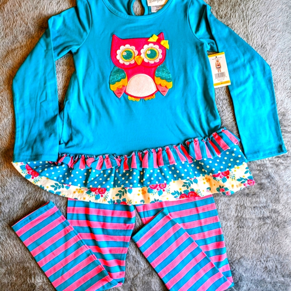 Emily Rose Owl long sleeve shirt & striped leggings in turquoise & pinks.